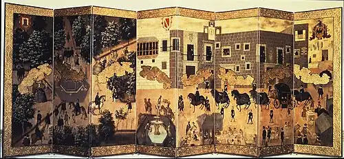 Views of the Alameda and the Palace of the Viceroys of Mexico (before the 1711 reconstruction) (today the National Palace), anonymous painter, c. 1676, Mexico City. Museum of the Americas, Madrid[9]