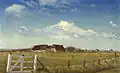 L.A. Ring, Indhegnede grønninger ved en gård med en storkerede på taget, Skærbæk, 1903, Davids Samling