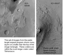 Pedestal craters and layers in Tikhonravov Crater in Arabia, as seen by Mars Global Surveyor (MGS), under the MOC Public Targeting Program. Layers may form from volcanoes, the wind, or by deposition under water. Some researchers believe this crater once held a massive lake.