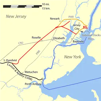 The Newark Bay Bridge was located on the line shown in gray and labeled CNJ between Elizabeth and Bayonne.