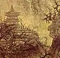 A painting of a temple with wide eaves situated on top of a hill. The branches of trees obstruct the view of the temple.