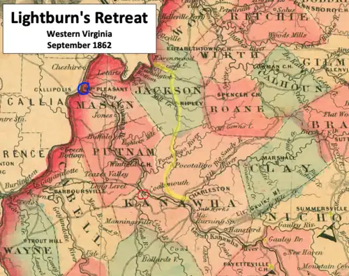 Old map showing Union retreat route north to the Ohio River