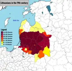 Image 4Distribution of ethnic Lithuanian population during the 19th century &nbsp;&nbsp;over 50% Lithuanian &nbsp;&nbsp;30% – 50% Lithuanian &nbsp;&nbsp;20% – 30% Lithuanian &nbsp;&nbsp;10% – 20% Lithuanian &nbsp;&nbsp;5% – 10% Lithuanian &nbsp;&nbsp;3% – 5% Lithuanian &nbsp;&nbsp;1% – 3% Lithuanian (from History of Lithuania)