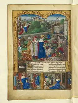 Example of complex staging in a single image, the massacre of Christians in Acre, f.49v