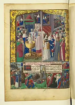 Imitation goldsmith's frame, Death of St. Louis, f.76v.