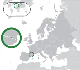 Location of&nbsp;Andorra&nbsp;(centre of green circle) in Europe&nbsp;(dark grey)