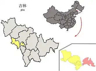 Location of Yitong County (red) within Siping City (yellow) and Jilin