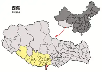 Location of Yadong County (red) within Shigatse City (yellow) and the Tibet Autonomous Region