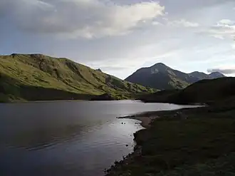 A lake with mountains beyond