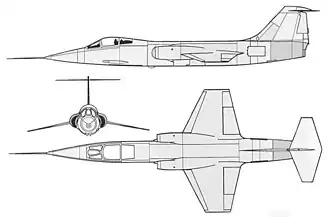 Line drawings showing top, side and front view of aircraft