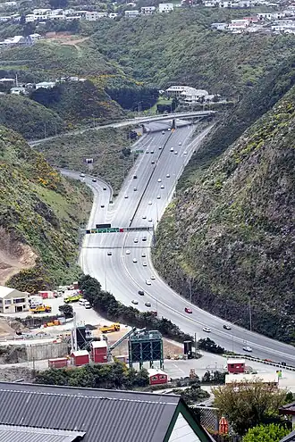 Elevated view of motorway through gorge.