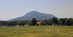 Central hazy tree covered mountain in far distance rising up against a light sky with dark forest stretching across middle distance and grassland to foreground