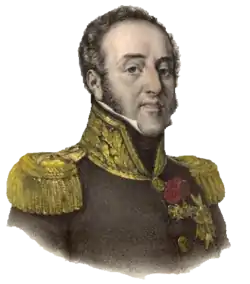 Portrait shows a clean-shaven man with long sideburns and a receding hairline. He wears a dark military uniform with gold epaulettes and a high collar trimmed with gold lace.