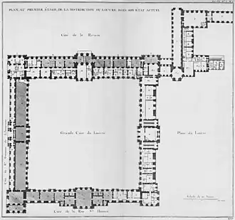 Plan of the Louvre's first floor in 1756, by Jacques-François Blondel, showing uninhabitable and generally unroofed areas shaded (marked "A")