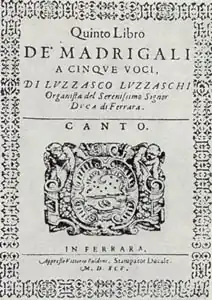 Frontispiece for a collection of Luzzaschi's music, with the title, composer's name, and acknowledgment to both the printer and his patron