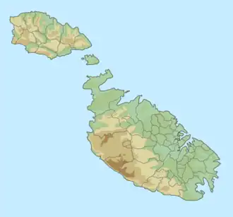 Map of the Maltese archipelago. A red dot placed next to Comino, between Malta and Gozo, shows the area of the Gozo Channel.