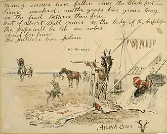 Maney Snows Have Fallen...(Letter from Ah-Wa-Cous (Charles Russell) to Short Bull), ca.1909 - 1910, Watercolor, pen & ink on paper, Sid Richardson Museum, Fort Worth, Texas [26]