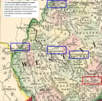 Old map of western Virginia with Union army camps marked