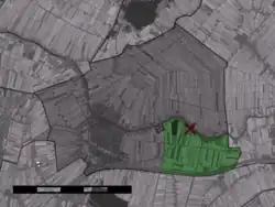 The village (dark red) and the statistical district (light green) of Nieuwerbrug in the municipality of Bodegraven.