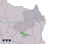 The village centre (dark green) and the statistical district (light green) of Deurningen in the municipality of Dinkelland.