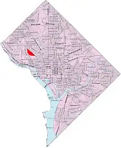 Map of Washington, D.C., with Observatory Circle highlighted in red