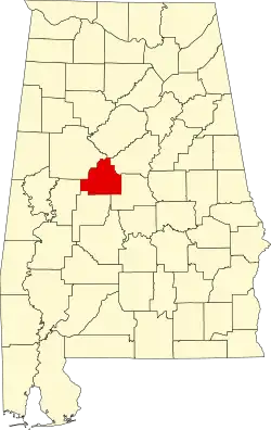 Map of Alabama highlighting Bibb County