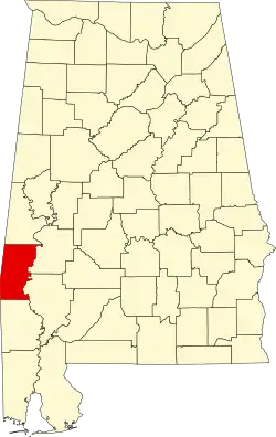Map of Alabama highlighting Choctaw County
