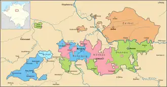 Anhalt territories 1747-1793, Anhalt-Bernburg (of which Anhalt-Harzgerode was a smaller part) in blue