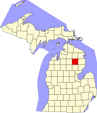 Map of Michigan highlighting Oscoda County