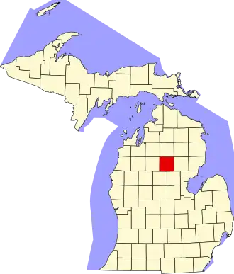 Map of Michigan highlighting Roscommon County