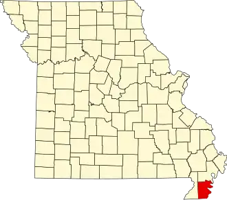 Map of Missouri highlighting Pemiscot County
