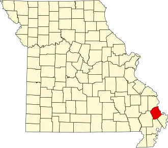 Map of Missouri highlighting Scott County