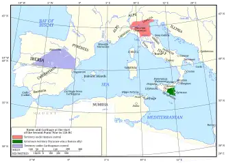 a map of the western Mediterranean region showing the territory controlled by Rome and Carthage in 218 BC