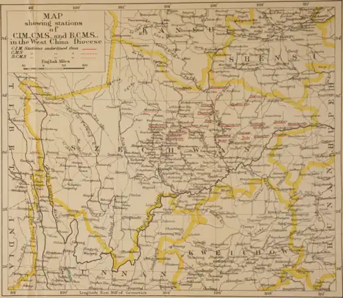 Map of Szechwan showing Anglican mission stations of China Inland Mission (CIM), Church Missionary Society (CMS) and Bible Churchmen's Missionary Society (BCMS)