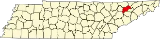 Map of Tennessee highlighting Grainger County