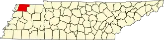 Map of Tennessee highlighting Obion County