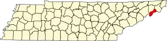 Map of Tennessee highlighting Unicoi County