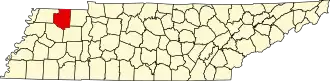 Map of Tennessee highlighting Weakley County