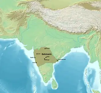 The Bahmani Sultanate at its greatest extent in 1473 under regent Mahmud Gawan[1][2]