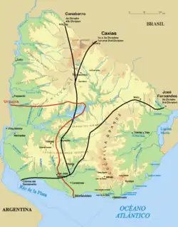 map of Uruguay showing the routes taken by the armies within the country