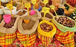Madras bags of spices in a Saint-Antoine market in Guadeloupe.