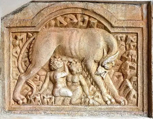 Image 37Ancient Roman relief from the Cathedral of Maria Saal showing the infant twins Romulus and Remus being suckled by a she-wolf (from Comparative mythology)