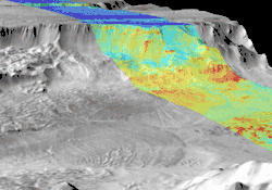 Combined infrared and daytime observation of Melas Chasma. The shadowed regions (blue) indicate successive landslides.