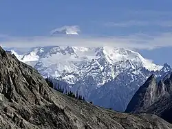 The south face of Masherbrum (7,821 m), formerly known as K1, as seen from the road to Hushe
