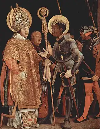 Saint Erasmus and Saint Maurice by Matthias Grünewald (1517–23), Alte Pinakothek. Grünewald used Albert of Mainz, who commissioned the painting, as the model for St. Erasmus.