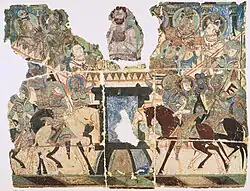 Knights in armour in the War of the Relics, back corridor of Maya Cave (224), Kyzyl Caves. 6th century CE.[14]