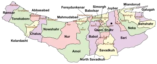 Location of Chalus County in&nbsp;Mazandaran&nbsp;province (center&nbsp;left,&nbsp;purple)