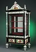 Ebonized vitrine featuring hand painted Dresden (not Meissen as previously mentioned) porcelain mounts, c. 1870.