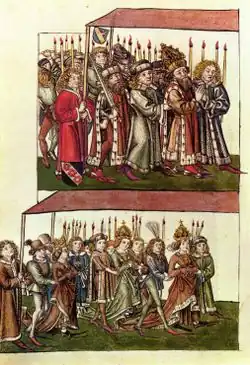 Master of the Council of Constance Chronicle – ceremonial entry of emperor Sigismund and empress Barbara.