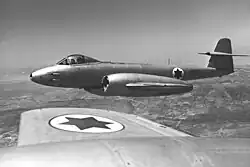 Single-seat Gloster Meteor F.8 jet of 117 Squadron "First Jet" in flight, of Ramat David in July 1954
